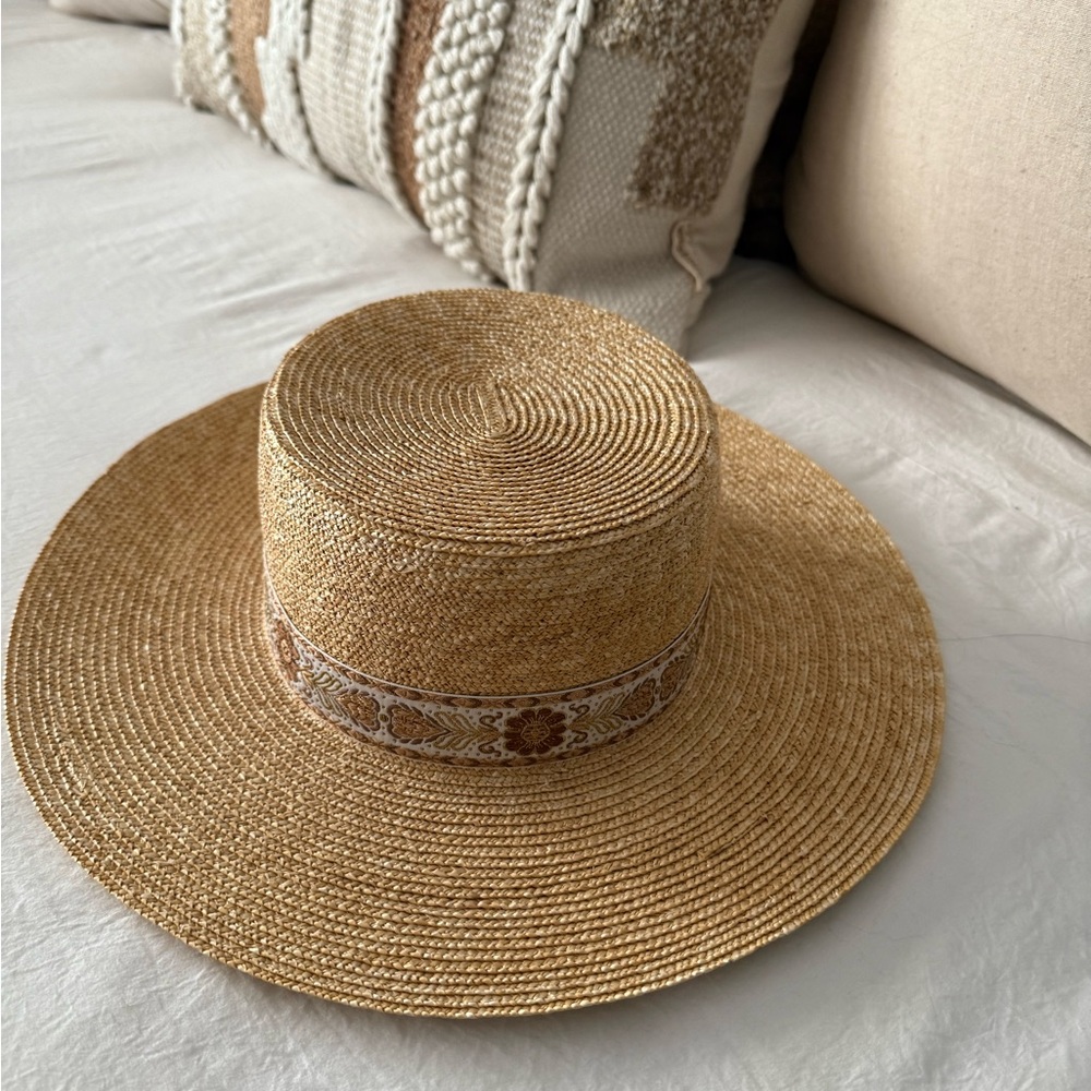 Lack Of Color Tan Straw Hat with Patterned Band